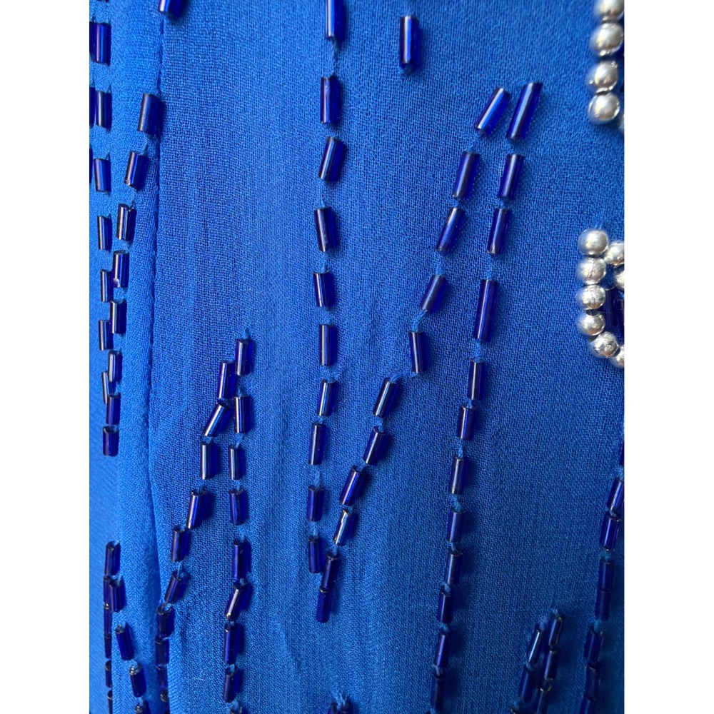 Vintage 80s 90s Silk Beaded Gown Cobalt Blue Dynasty Formal Glam Western Dolly - Picture 10 of 13